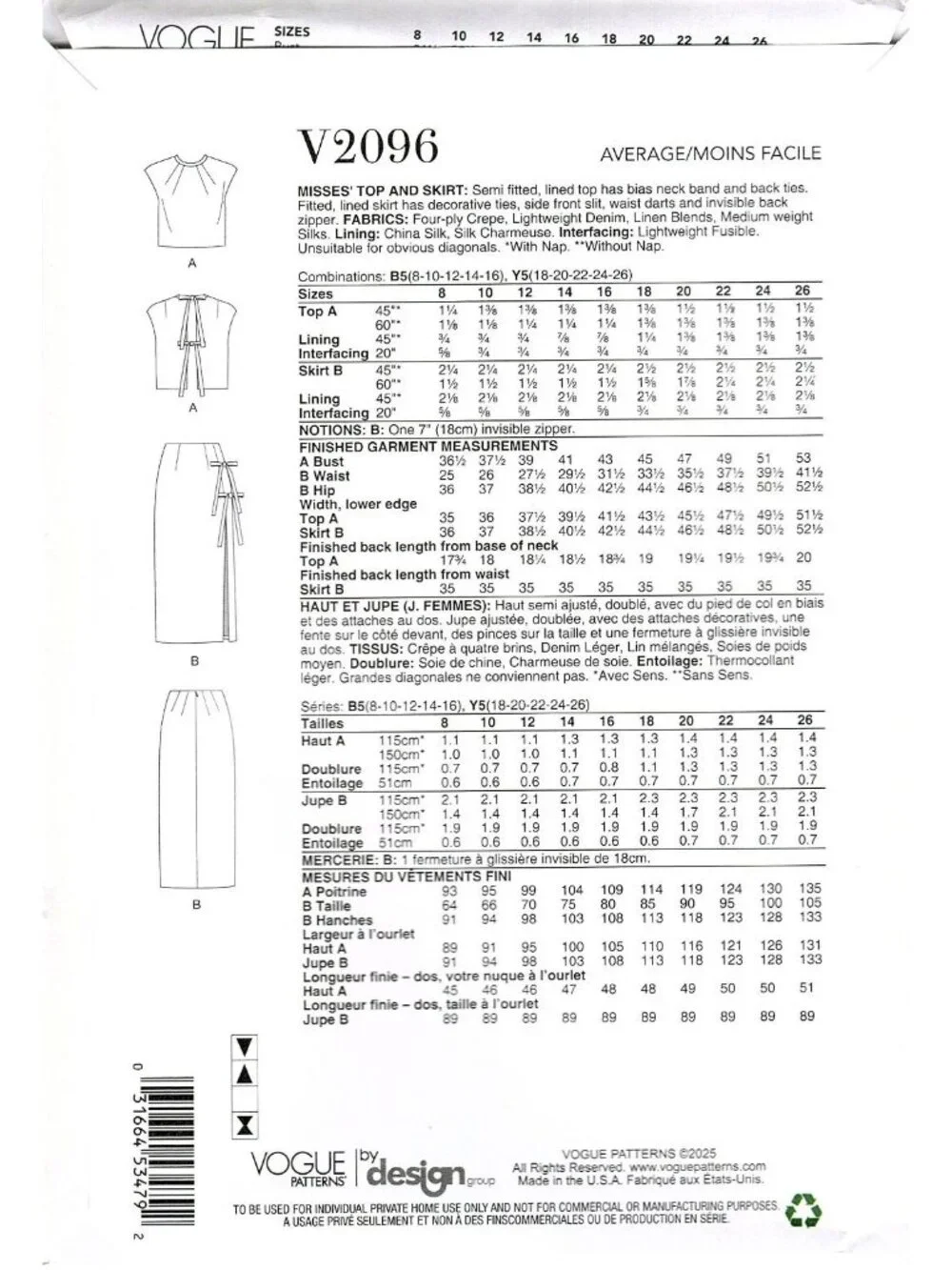 Vogue V2096 Misses 18 to 26 Top and Skirt Uncut Sewing Pattern